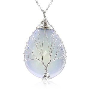 Silver Wire Tree of Life Opalite Teardrop Pendant Necklace